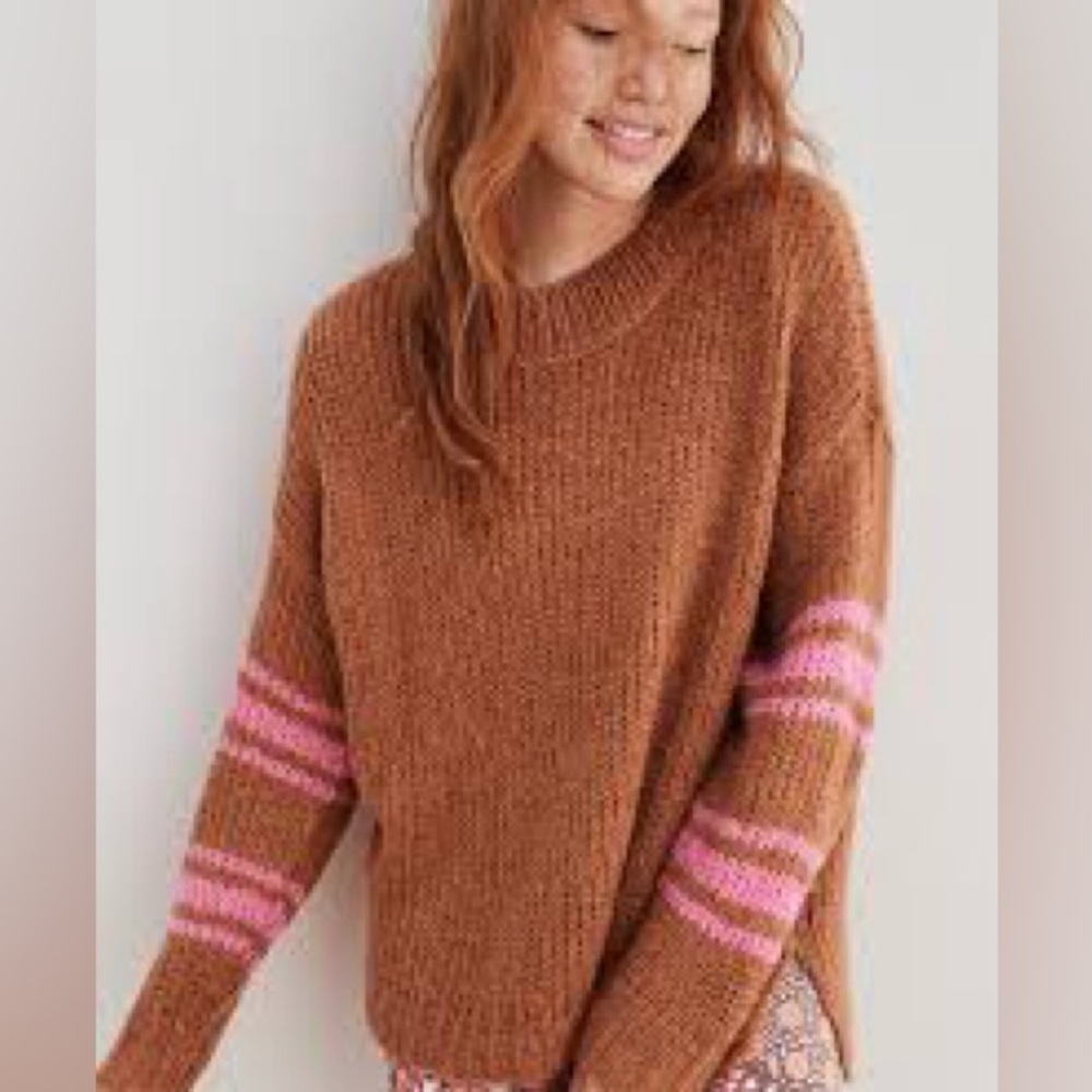 aerie Rust Crewneck Sweater with Pink Sleeve Stripes